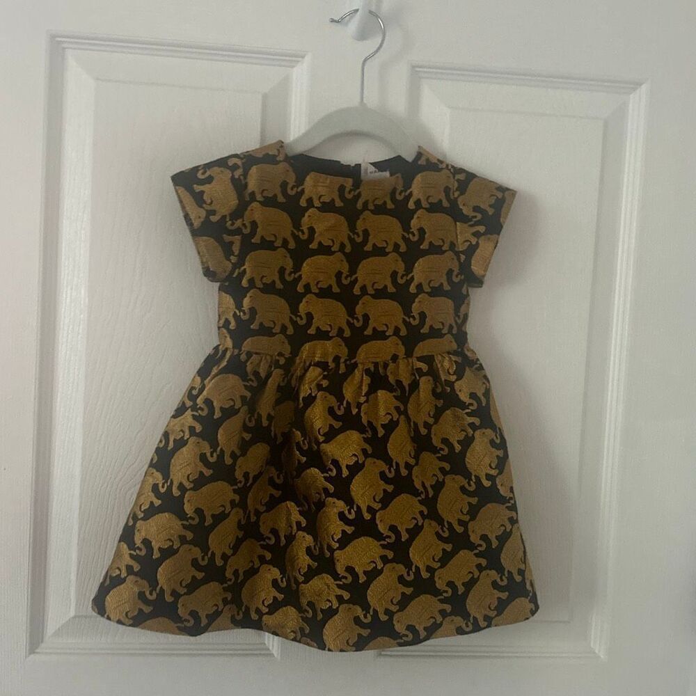 Crewcuts J. Crew Girl’s Sz 2 Festive Party Dress Elephants Gold Black Lined 2015